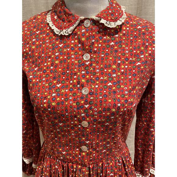 VTG Handmade Prairie Maxi Dress Red Calico Tiered + Bonnet Long Sleeve Sz Small - Picture 13 of 15